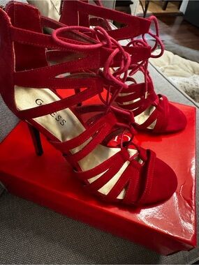 GUESS Red Suede Strappy Lace-Up Stiletto Sandals